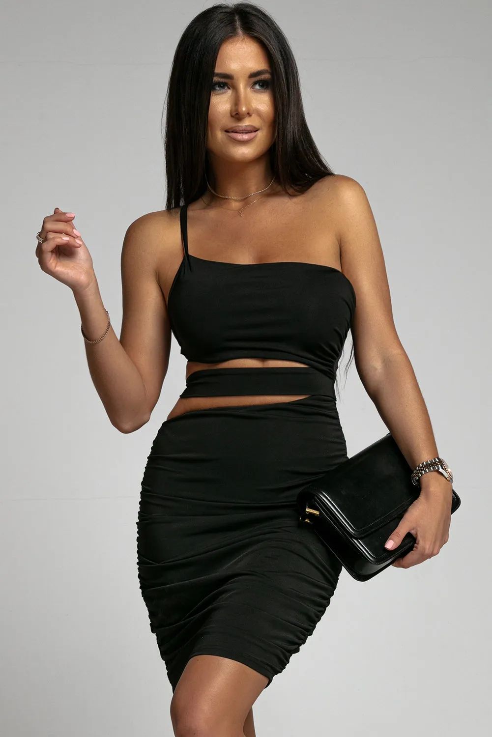 Women's Sexy Sleeveless Cutout Bodycon Dress One Shoulder Ruched Mini Dress