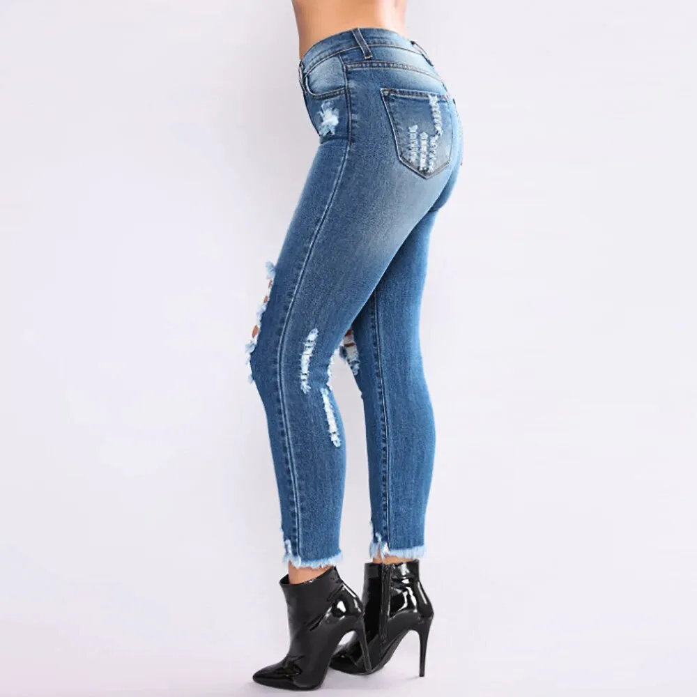 Women's Spring/Autumn High Waist Stretch Slim Ripped Jeans