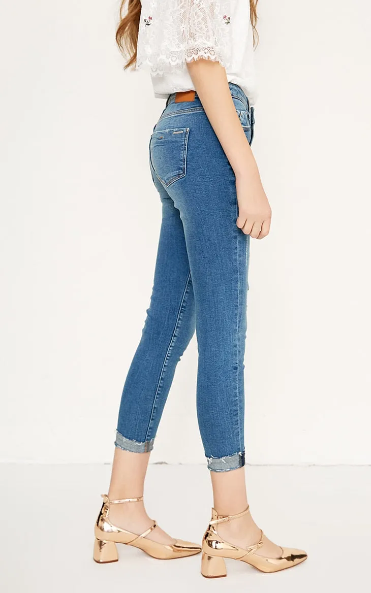 Women's Spring/Autumn Ripped Cropped Slim Strech Jeans